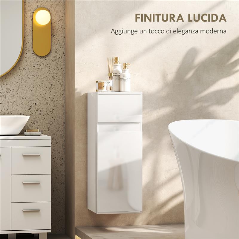 MOBILETTO BAGNO SOSPESO CON CASSETTO, ANTA LUCIDA E RIPIANO IN VETRO REGOLABILE, BIANCO