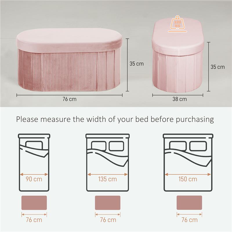 POUF CONTENITORE PIEGHEVOLE CON VANO DA 72L E RIVESTIMENTO IN VELLUTO, 76X38X35 CM, ROSA