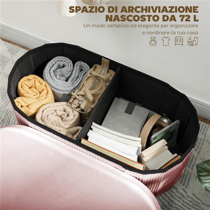 POUF CONTENITORE PIEGHEVOLE CON VANO DA 72L E RIVESTIMENTO IN VELLUTO, 76X38X35 CM, ROSA