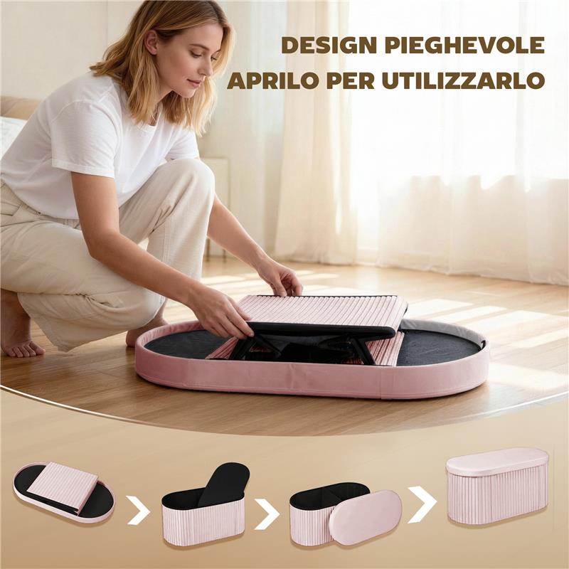 POUF CONTENITORE PIEGHEVOLE CON VANO DA 72L E RIVESTIMENTO IN VELLUTO, 76X38X35 CM, ROSA