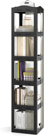 Libreria Girevole Pieghevole, Scaffale Traslucido Girevole a 360° con Base Rotante, Scaffale Alto Angolare da Esposizione per Soggiorno, Studio (Nero,5 Livelli)