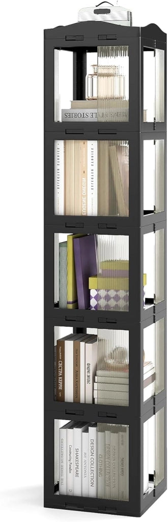 Libreria Girevole Pieghevole, Scaffale Traslucido Girevole a 360° con Base Rotante, Scaffale Alto Angolare da Esposizione per Soggiorno, Studio (Nero,5 Livelli)