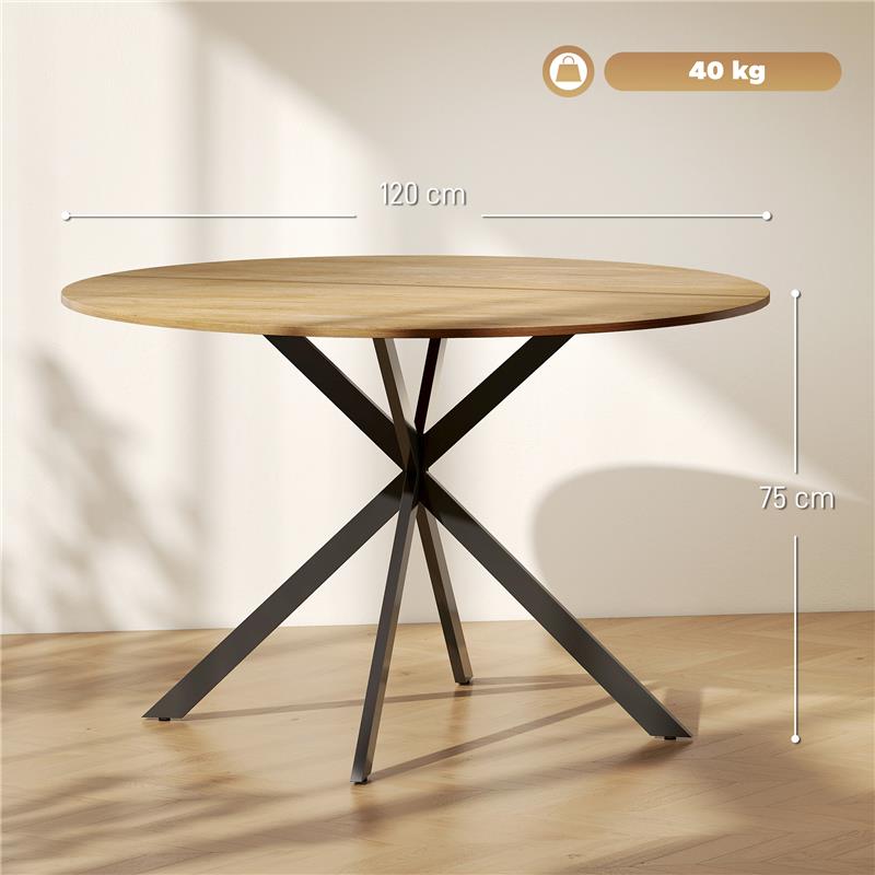 TAVOLO DA PRANZO ROTONDO STILE INDUSTRIALE CON GAMBE A CROCE IN ACCIAIO, 120X75 CM, COLORE QUERCIA