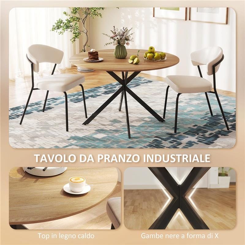 TAVOLO DA PRANZO ROTONDO STILE INDUSTRIALE CON GAMBE A CROCE IN ACCIAIO, 120X75 CM, COLORE QUERCIA