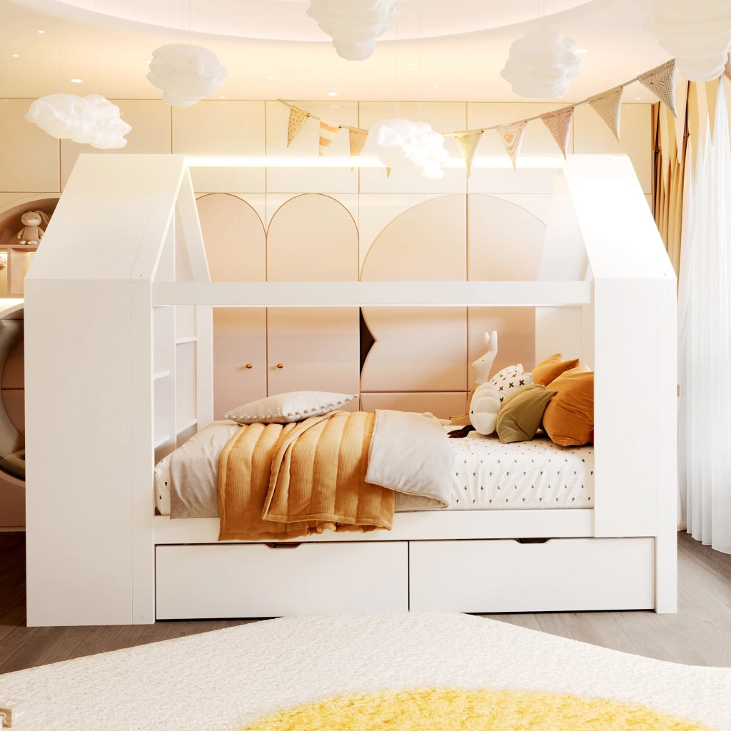 LETTO a casetta 90x200 cm in legno massello e MDF bianco