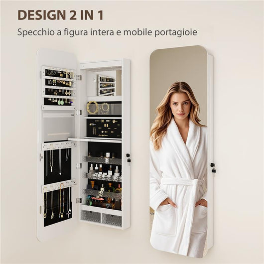 SPECCHIERA PORTAGIOIE DA PARETE E PORTA CON SPECCHIO INTERNO ILLUMINATO E SERRATURA, 37X10X120 CM