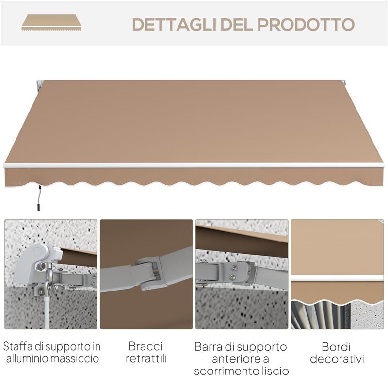 TENDA DA SOLE PER ESTERNO AVVOLGIBILE A BRACCI CON APERTURA A MANOVELLA, 350X250 CM, MARRONE