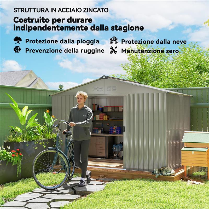 CASETTA DA GIARDINO IN METALLO CON PRESE D'ARIA E DOPPIA PORTA SCORREVOLE, 277X195X192 CM, ARGENTO