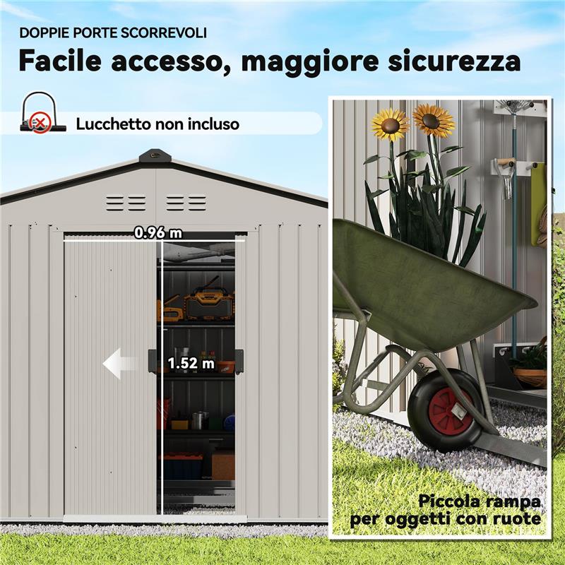 CASETTA DA GIARDINO IN METALLO CON PRESE D'ARIA E DOPPIA PORTA SCORREVOLE, 277X195X192 CM, ARGENTO