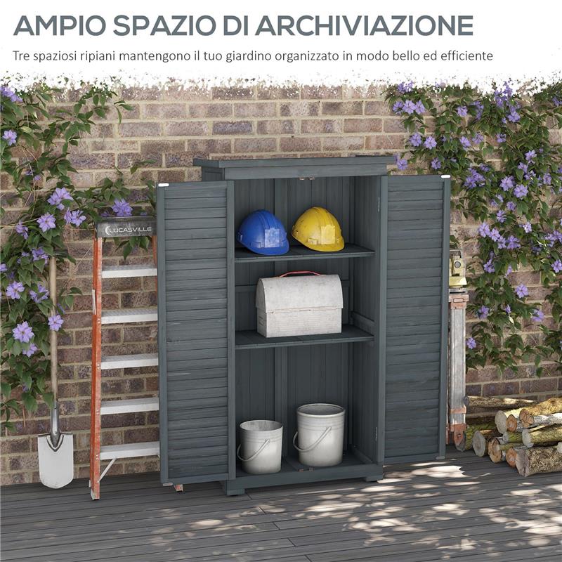 ARMADIO DA ESTERNO IN LEGNO CON 2 PORTE A PERSIANA E RIPIANI INTERNI, 87X46.5X160 CM, GRIGIO