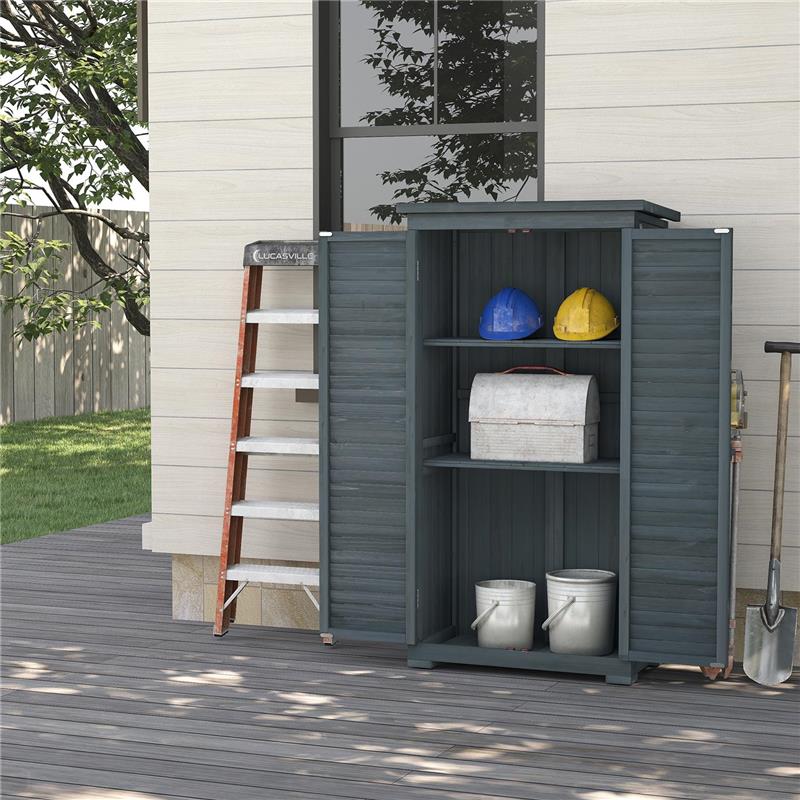 ARMADIO DA ESTERNO IN LEGNO CON 2 PORTE A PERSIANA E RIPIANI INTERNI, 87X46.5X160 CM, GRIGIO