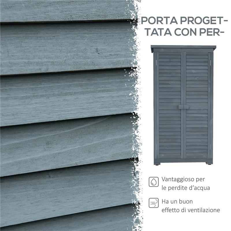ARMADIO DA ESTERNO IN LEGNO CON 2 PORTE A PERSIANA E RIPIANI INTERNI, 87X46.5X160 CM, GRIGIO