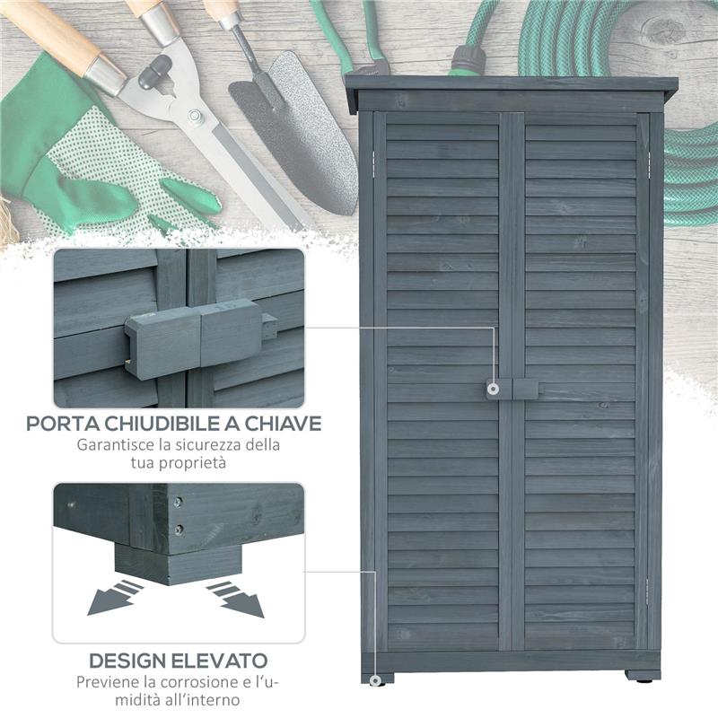 ARMADIO DA ESTERNO IN LEGNO CON 2 PORTE A PERSIANA E RIPIANI INTERNI, 87X46.5X160 CM, GRIGIO