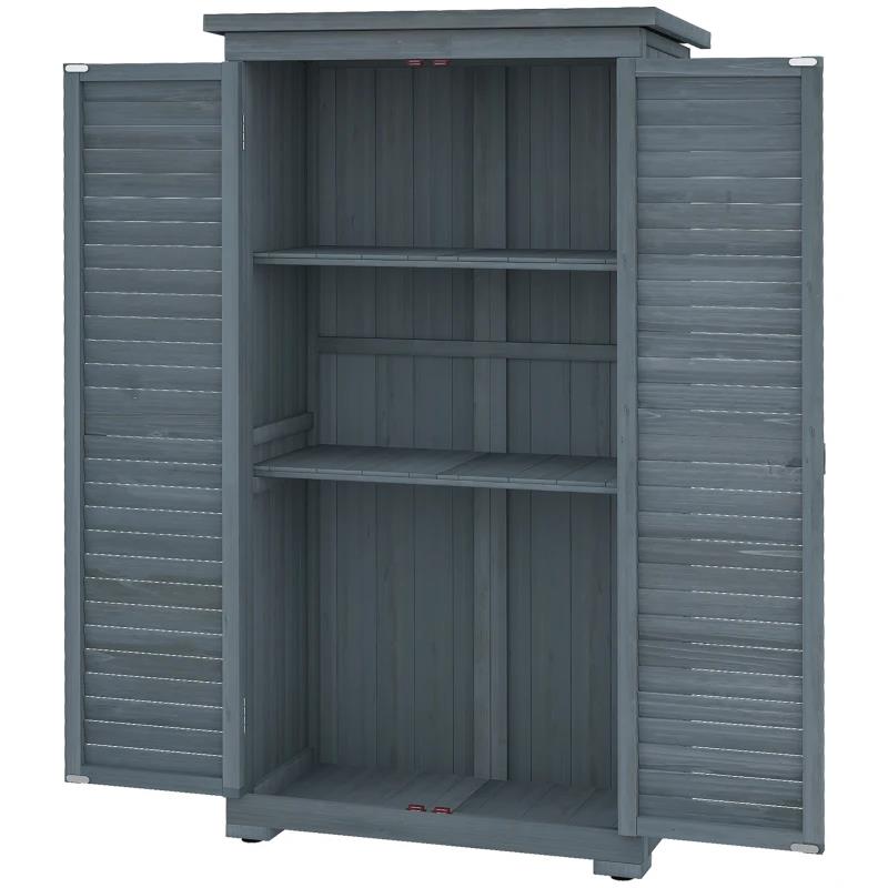 ARMADIO DA ESTERNO IN LEGNO CON 2 PORTE A PERSIANA E RIPIANI INTERNI, 87X46.5X160 CM, GRIGIO