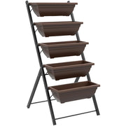PORTAPIANTE VERTICALE A 5 LIVELLI CON 5 VASI CON FORI DI DRENAGGIO, IN ACCIAIO E PE, 55X63X120 CM, MARRONE