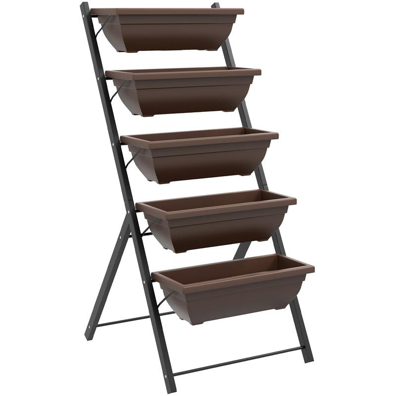 PORTAPIANTE VERTICALE A 5 LIVELLI CON 5 VASI CON FORI DI DRENAGGIO, IN ACCIAIO E PE, 55X63X120 CM, MARRONE