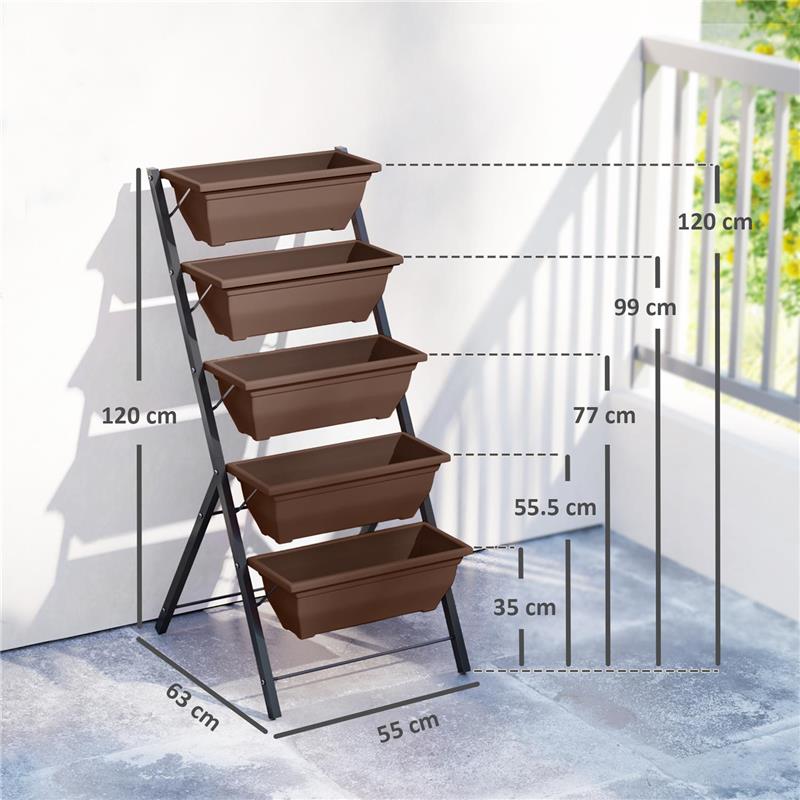 PORTAPIANTE VERTICALE A 5 LIVELLI CON 5 VASI CON FORI DI DRENAGGIO, IN ACCIAIO E PE, 55X63X120 CM, MARRONE