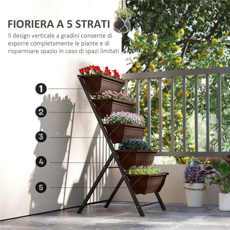 PORTAPIANTE VERTICALE A 5 LIVELLI CON 5 VASI CON FORI DI DRENAGGIO, IN ACCIAIO E PE, 55X63X120 CM, MARRONE