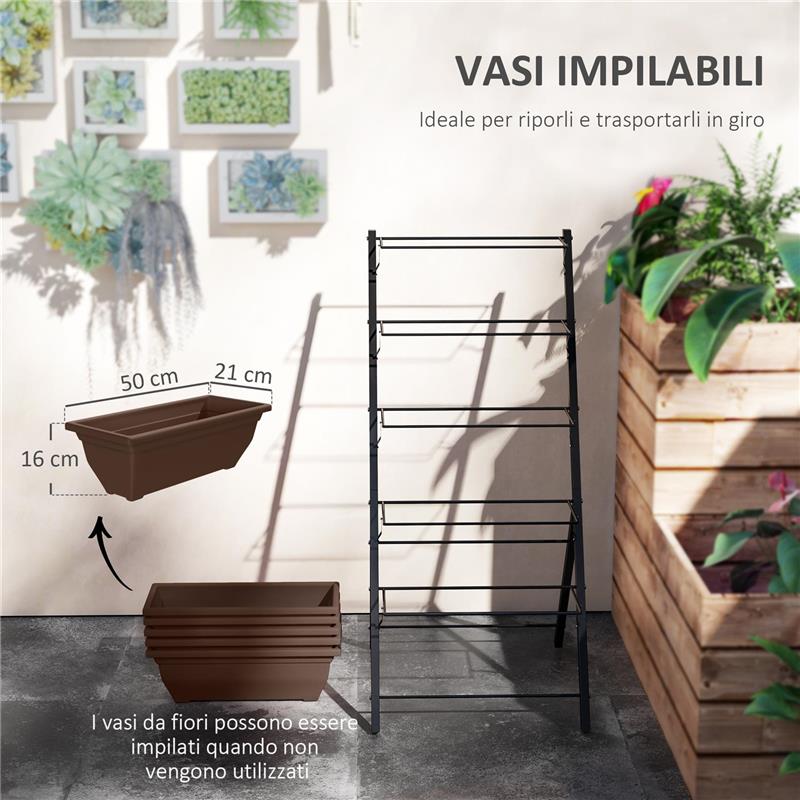 PORTAPIANTE VERTICALE A 5 LIVELLI CON 5 VASI CON FORI DI DRENAGGIO, IN ACCIAIO E PE, 55X63X120 CM, MARRONE