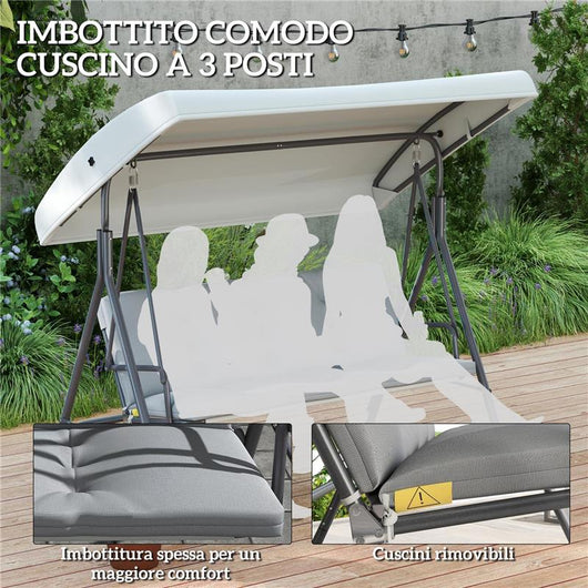 DONDOLO DA GIARDINO 3 POSTI CON TETTUCCIO REGOLABILE E CUSCINI, 172X110X156 CM, GRIGIO CHIARO