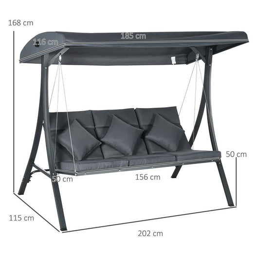 DONDOLO DA GIARDINO 3 POSTI CON TETTUCCIO REGOLABILE, IN ACCIAIO E POLIESTERE, 202X115X168 CM, GRIGIO SCURO