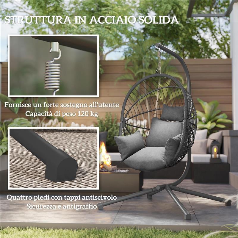 POLTRONA SOSPESA A UOVO CON CUSCINO IMBOTTITO E CESTO PIEGHEVOLE, 120X106X188 CM, GRIGIO