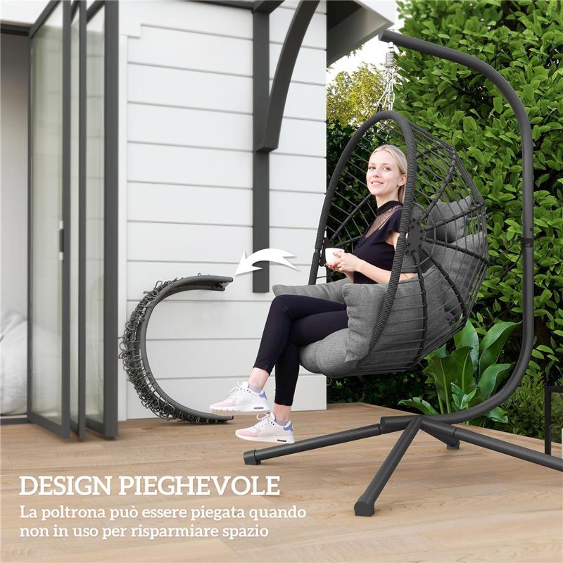POLTRONA SOSPESA A UOVO CON CUSCINO IMBOTTITO E CESTO PIEGHEVOLE, 120X106X188 CM, GRIGIO
