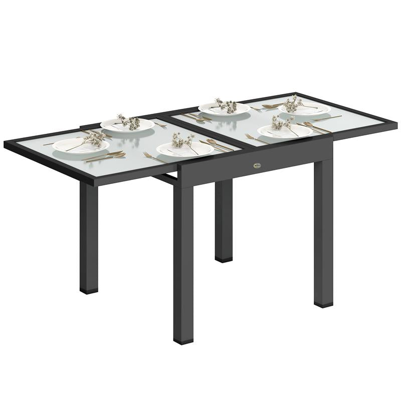 TAVOLO DA PRANZO ALLUNGABILE DA GIARDINO CON PIANO IN VETRO E ALLUMINIO, 80-160X80X75 CM, NERO E TRASPARENTE