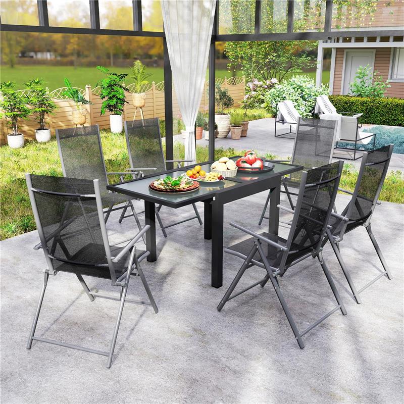 TAVOLO DA PRANZO ALLUNGABILE DA GIARDINO CON PIANO IN VETRO E ALLUMINIO, 80-160X80X75 CM, NERO E TRASPARENTE