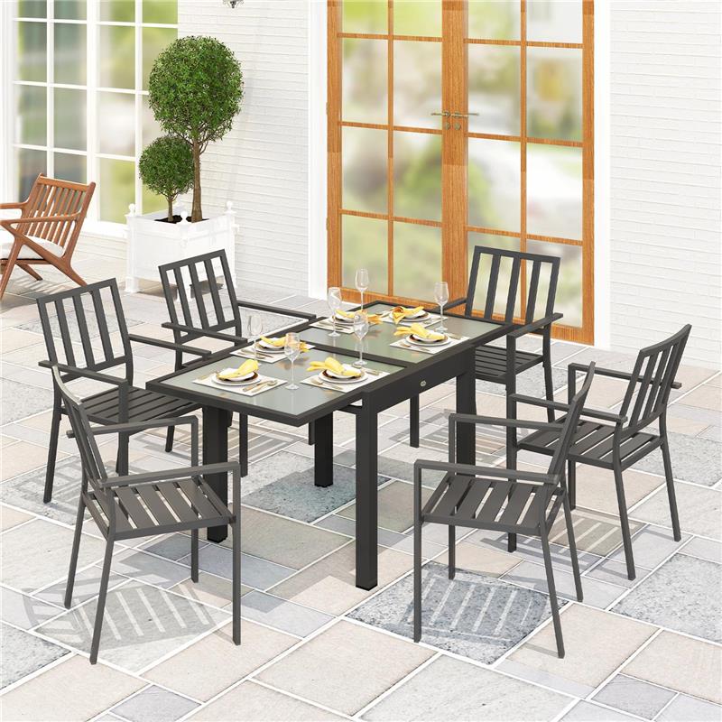 TAVOLO DA PRANZO ALLUNGABILE DA GIARDINO CON PIANO IN VETRO E ALLUMINIO, 80-160X80X75 CM, NERO E TRASPARENTE
