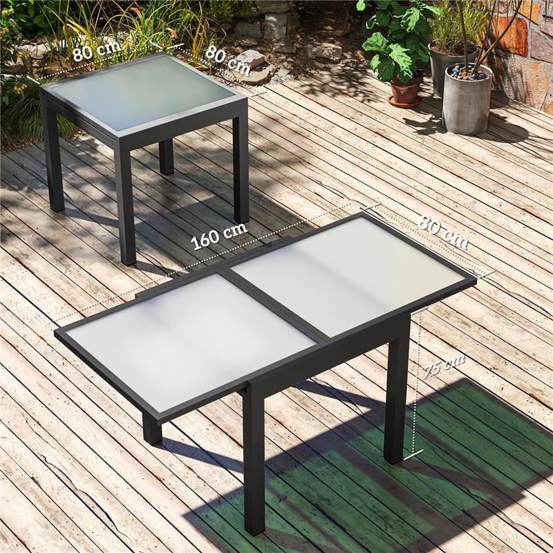 TAVOLO DA PRANZO ALLUNGABILE DA GIARDINO CON PIANO IN VETRO E ALLUMINIO, 80-160X80X75 CM, NERO E TRASPARENTE