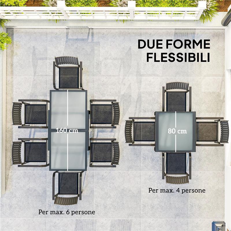 TAVOLO DA PRANZO ALLUNGABILE DA GIARDINO CON PIANO IN VETRO E ALLUMINIO, 80-160X80X75 CM, NERO E TRASPARENTE