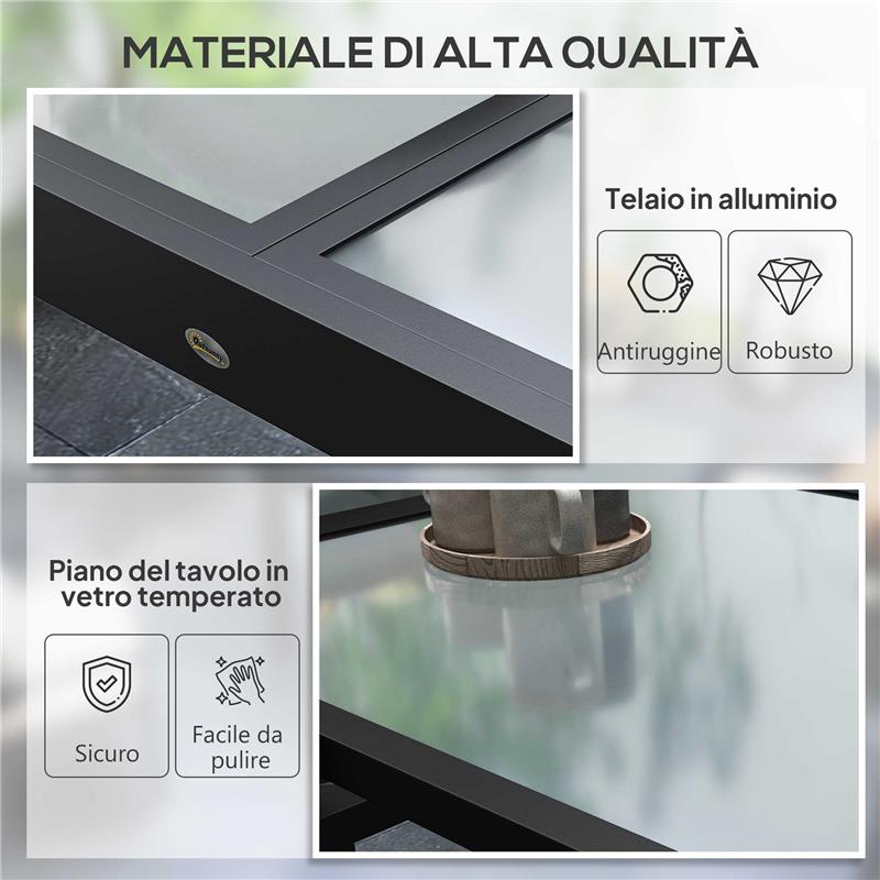 TAVOLO DA PRANZO ALLUNGABILE DA GIARDINO CON PIANO IN VETRO E ALLUMINIO, 80-160X80X75 CM, NERO E TRASPARENTE