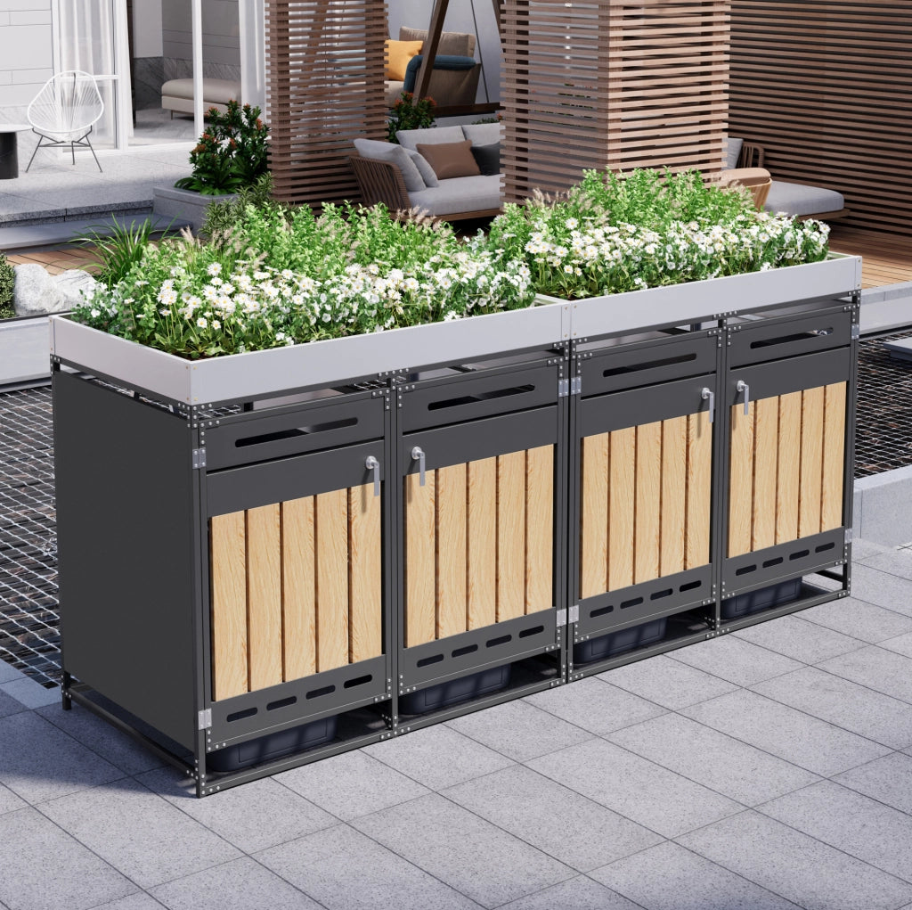 Box portapattumiere ULEVR per 4 bidoni con fioriera integrata, 274x79x125 cm, ferro nero con serrature