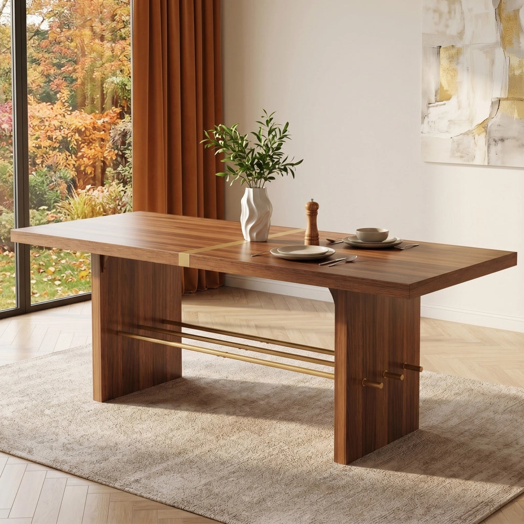 Tavolo da pranzo 180 × 75 cm in MDF, colore noce, per 6–8 persone, struttura stabile con traversa dorata