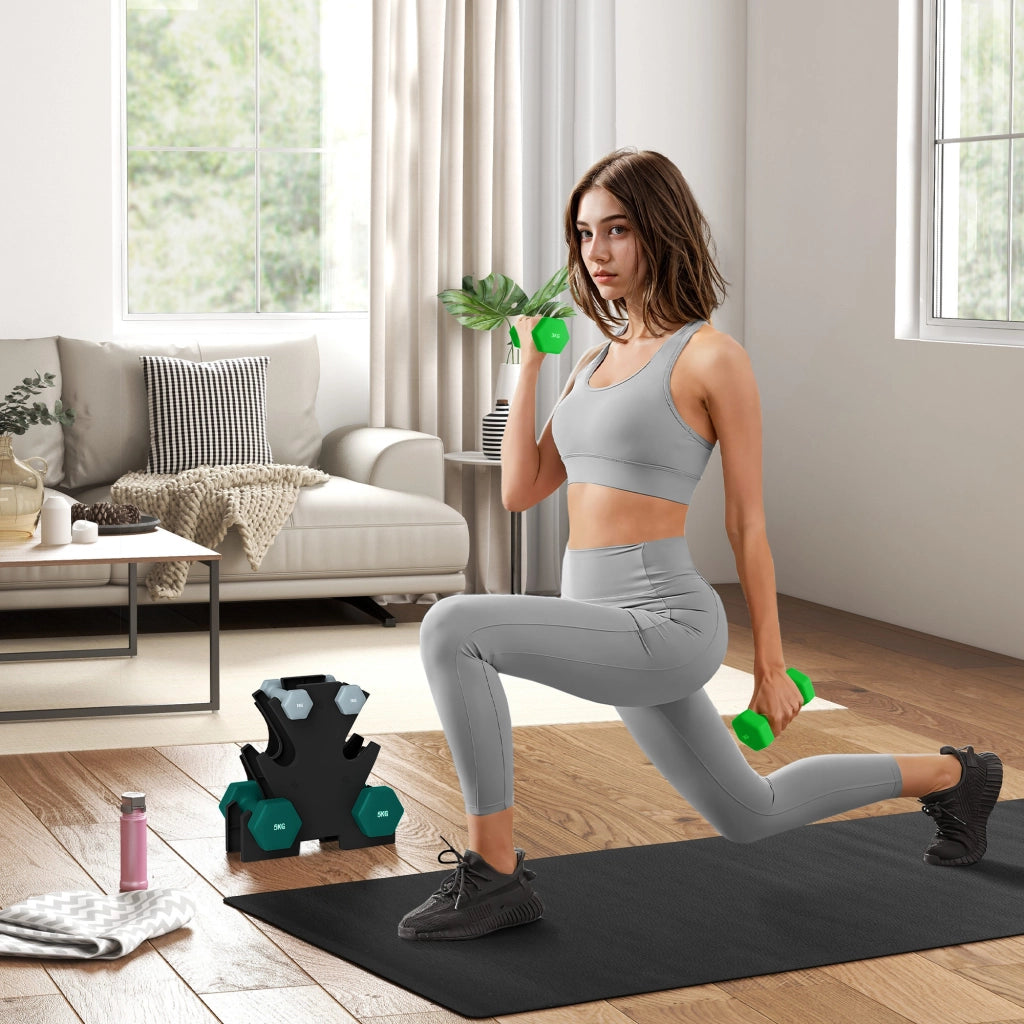 Set di manubri composto da 6 manubri con supporto, 2 x 1 kg, 2 x 3 kg, 2 x 5 kg. Set di manubri in metallo per fitness, ginnastica e allenamento a