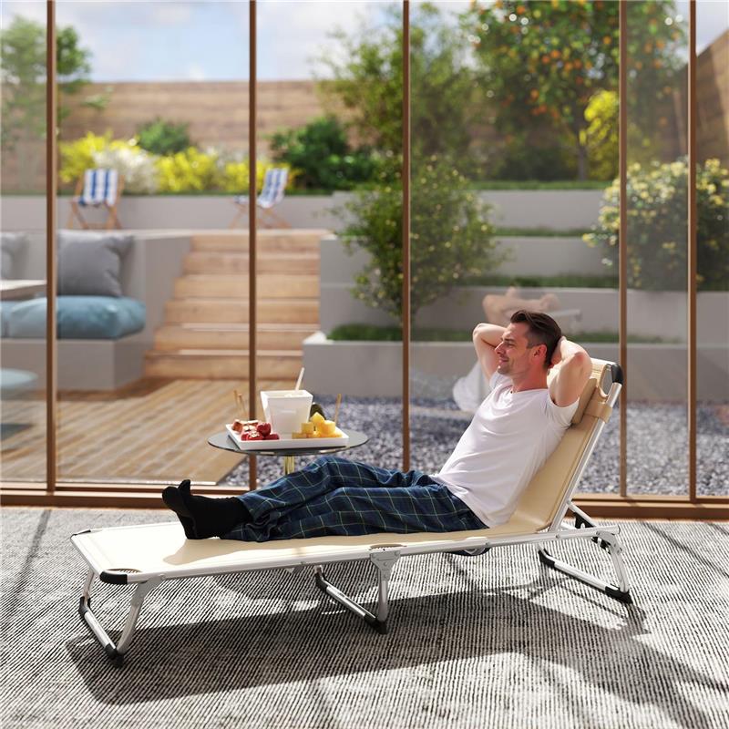 SDRAIO PIEGHEVOLE CON POGGIATESTA E SCHIENALE REGOLABILE IN ALLUMINIO, 60X165X76 CM, BEIGE