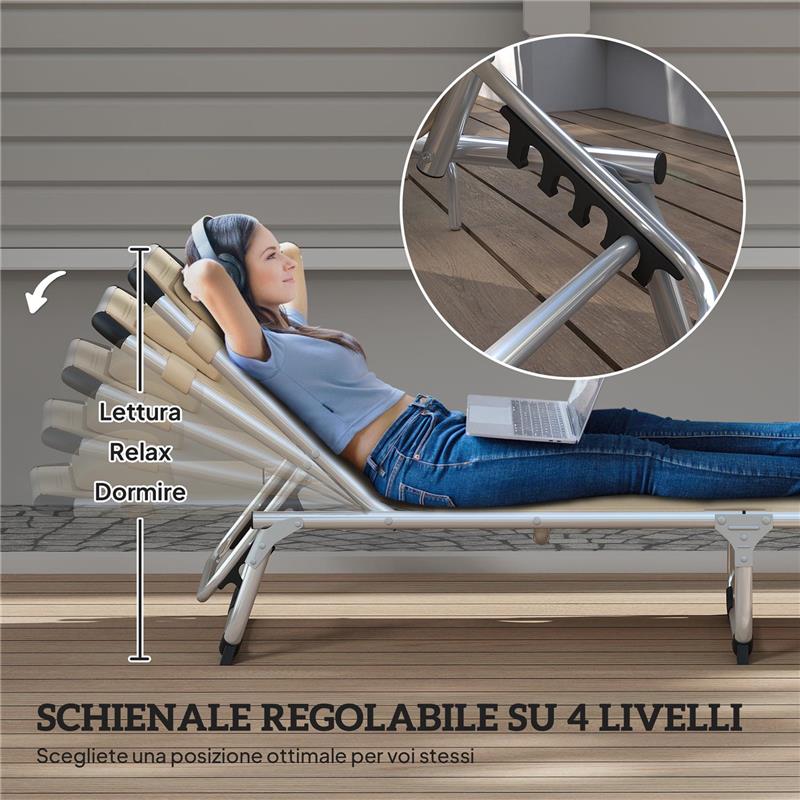 SDRAIO PIEGHEVOLE CON POGGIATESTA E SCHIENALE REGOLABILE IN ALLUMINIO, 60X165X76 CM, BEIGE