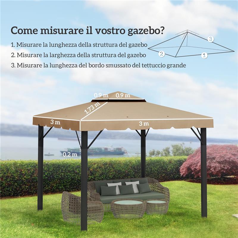 TETTO PER GAZEBO 3X3 M A 2 LIVELLI CON 8 FORI DI DRENAGGIO IN POLIESTERE CACHI