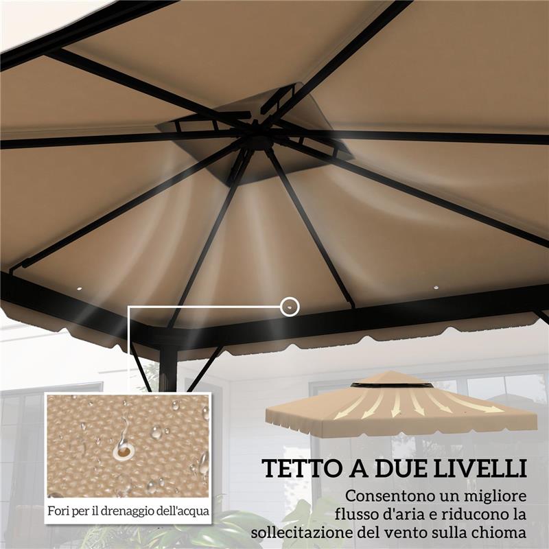 TETTO PER GAZEBO 3X3 M A 2 LIVELLI CON 8 FORI DI DRENAGGIO IN POLIESTERE CACHI