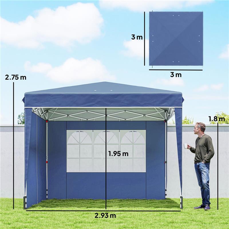 GAZEBO PIEGHEVOLE 3X3 M CON PARETI E ALTEZZA REGOLABILE, PROTEZIONE UV 50+, BLU SCURO