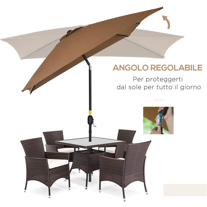 OMBRELLONE DA GIARDINO 2X3 M RETTANGOLARE CON MANOVELLA E ANGOLAZIONE REGOLABILE, CAFFÈ