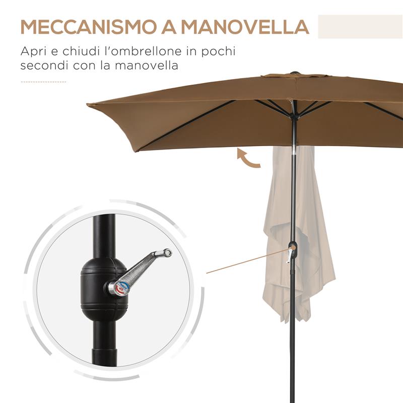 OMBRELLONE DA GIARDINO 2X3 M RETTANGOLARE CON MANOVELLA E ANGOLAZIONE REGOLABILE, CAFFÈ