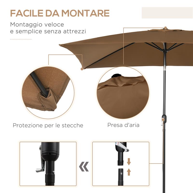 OMBRELLONE DA GIARDINO 2X3 M RETTANGOLARE CON MANOVELLA E ANGOLAZIONE REGOLABILE, CAFFÈ