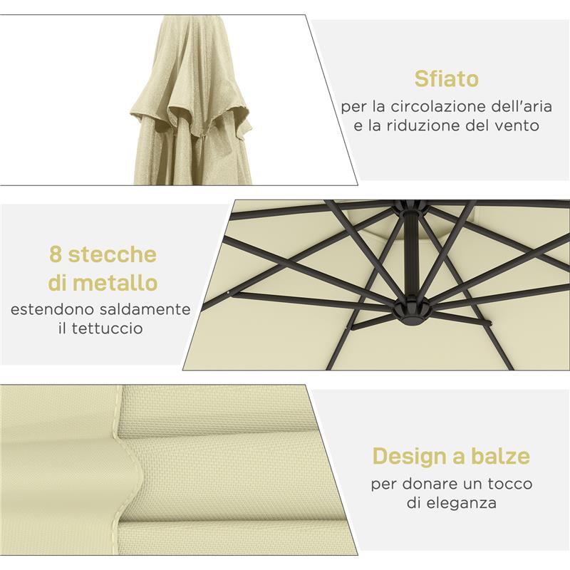 OMBRELLONE DA GIARDINO 3X2.5 M A BRACCIO INCLINABILE CON MANOVELLA, BEIGE