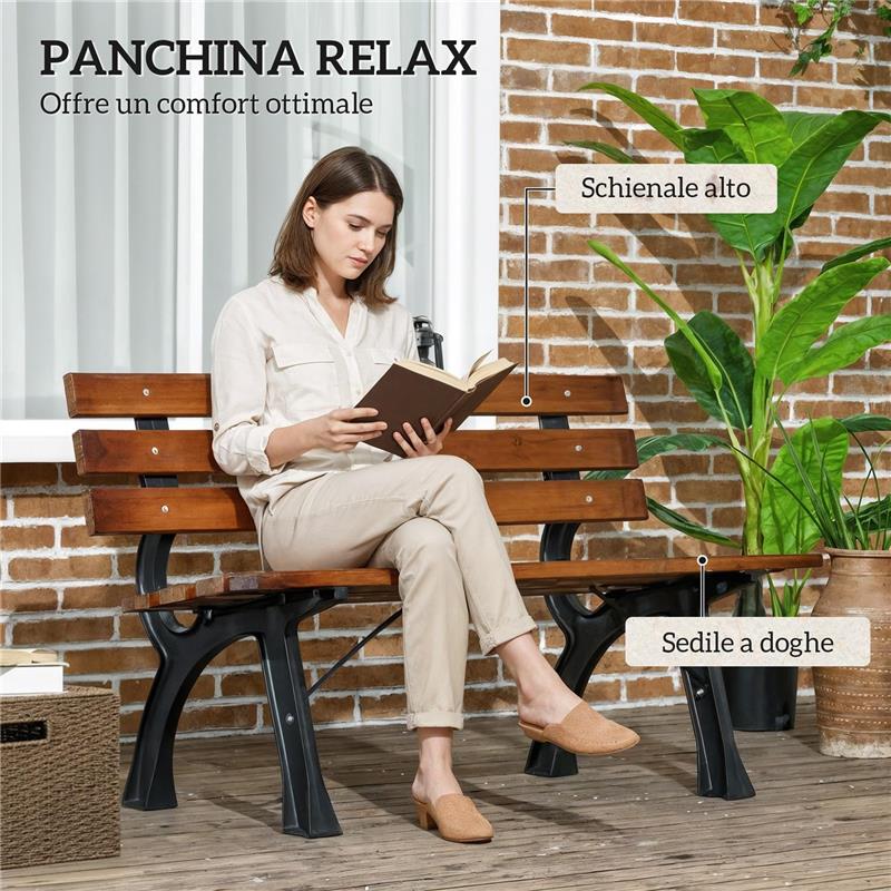 PANCHINA DA GIARDINO 2 POSTI A DOGHE IN GHISA E LEGNO DI ABETE, 120X57X70 CM, CAFFÈ