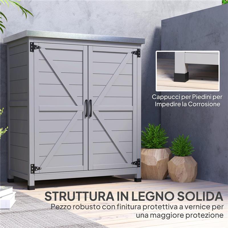 ARMADIO DA ESTERNO CON RIPIANO E BANCO DA LAVORO IN LEGNO E ACCIAIO, 79X43X92 CM, GRIGIO