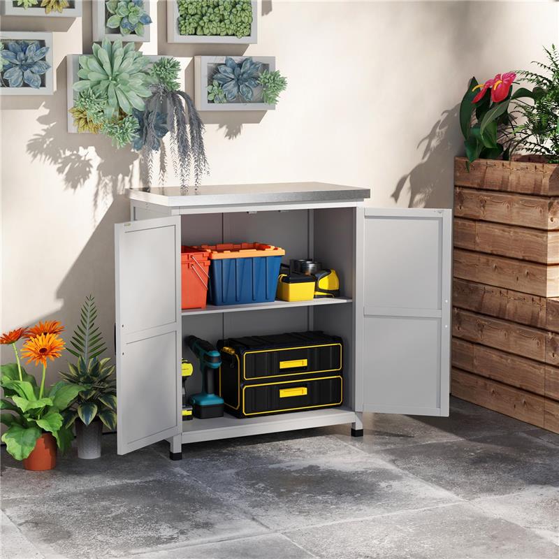 ARMADIO DA ESTERNO CON RIPIANO E BANCO DA LAVORO IN LEGNO E ACCIAIO, 79X43X92 CM, GRIGIO