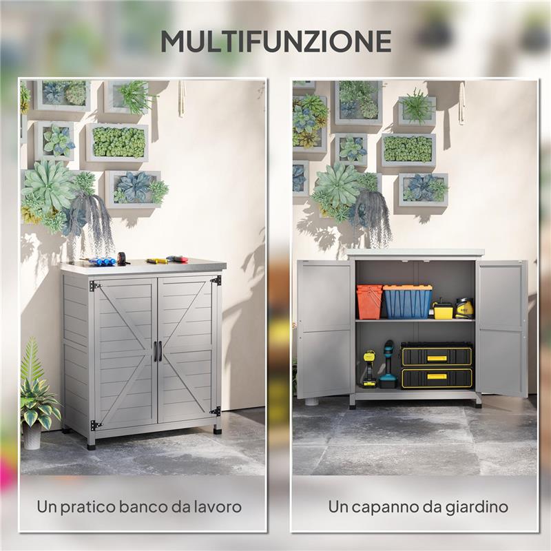 ARMADIO DA ESTERNO CON RIPIANO E BANCO DA LAVORO IN LEGNO E ACCIAIO, 79X43X92 CM, GRIGIO