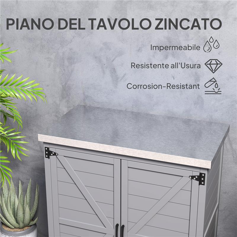ARMADIO DA ESTERNO CON RIPIANO E BANCO DA LAVORO IN LEGNO E ACCIAIO, 79X43X92 CM, GRIGIO